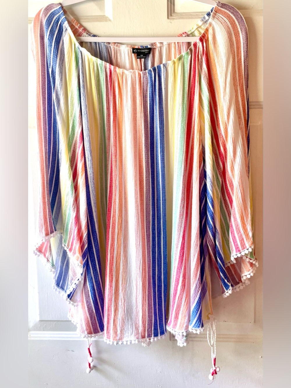 ND New Directions Blue Orange Rainbow Stripe Popcorn Trim Textured Blouse 3X